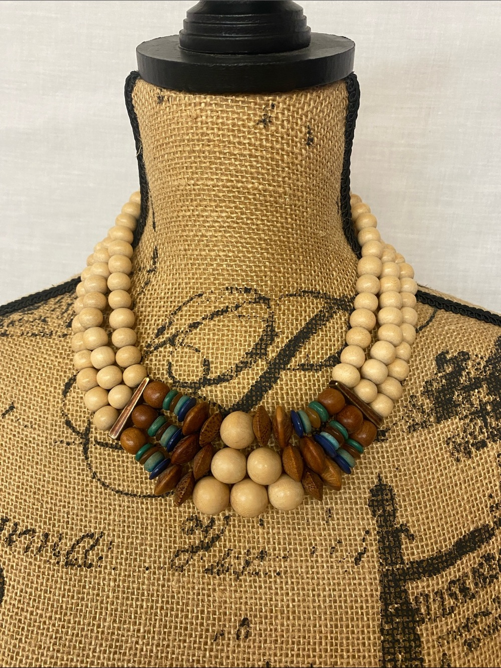 Handmade Natural Wood Bead Statement Necklace - Beige with Turquoise Accent - Picture 1 of 3